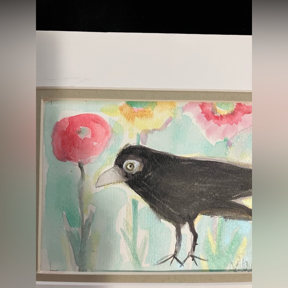 Garden Crow”An Original Watercolor /Mixed Media Painting Matted 5"x7" - Picture 3 of 11
